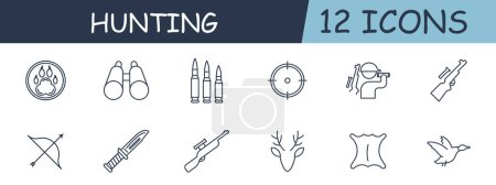 Illustration for Hunting set line icon. Binoculars, caliber, knife, skinning, hunter, cartridge case, deer. 12 line icon. Vector line icon for business and advertising - Royalty Free Image