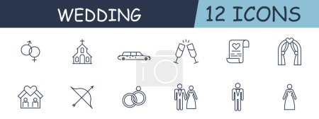 Illustration for Wedding set line icon. Church, bow, Cupid, love, emotions, couple, groom, bride, contract, document, registration. 12 line icon. Vector line icon for business and advertising - Royalty Free Image