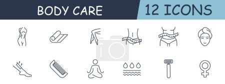 Illustration for Weight loss set line icon. Exercise, health, skin care. shower, comb, razor, water. 12 line icon. Vector line icon for business and advertising - Royalty Free Image