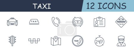 Taxi set line icon. Call, car, transportation, badge, map, GPS, brochure. 12 line icon. Vector line icon for business and advertising
