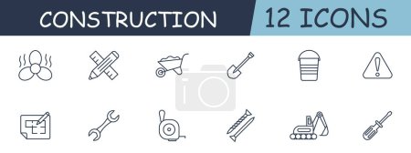 Illustration for Construction set line icon. Brick, concrete mixer, compass, crane, jackhammer, house, loader. 12 line icon. Vector line icon for business and advertising - Royalty Free Image