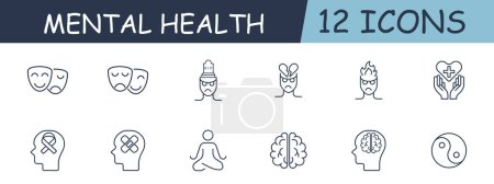 Icono de línea de conjunto de salud mental. Supresión de emociones, cerebro, conciencia, yin yang, meditación, yoga. Icono de 12 líneas. Icono de línea vectorial para negocios y publicidad