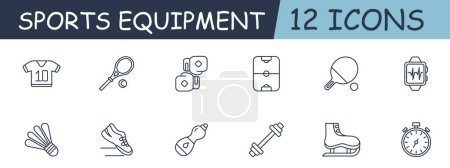 Illustration for Sports equipment set line icon. Gloves, boxing, tennis, field, stopwatch, water, dumbbell. 12 line icon. Vector line icon for business and advertising - Royalty Free Image
