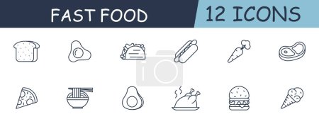 Ilustración de Conjunto de comida rápida icono de línea. Perro caliente, comerciante, aguacate, hamburguesa, fideos, helado, taco. Icono de 12 líneas. Icono de línea vectorial para negocios y publicidad - Imagen libre de derechos