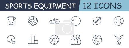 Illustration for Sport set line icon. Billiards, stick, ball, dumbbell, boomerang, bat, tennis. 12 line icon. Vector line icon for business and advertising - Royalty Free Image