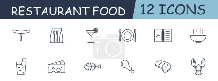 Illustration for Restaurant food set line icon. Package, fish, bones, chicken, steak, plate, menu, cleanliness. 12 line icon. Vector line icon for business and advertising - Royalty Free Image