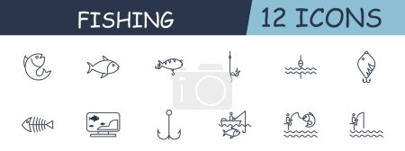 Illustration for Fishing set line icon. Wobbler, bait, fish, water, lake, ocean, boat, hook. 12 line icon. Vector line icon for business and advertising - Royalty Free Image