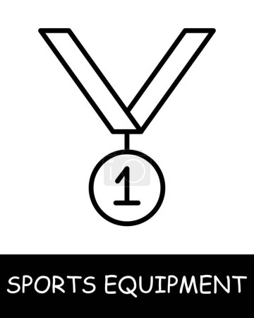 Ilustración de Icono de línea de medalla. Equipamiento deportivo, palo de hockey, baloncesto, raqueta de tenis, voleibol, guantes de boxeo, barra, pesas, cuerda de salto, esquís. Icono de línea vectorial para negocios y publicidad - Imagen libre de derechos