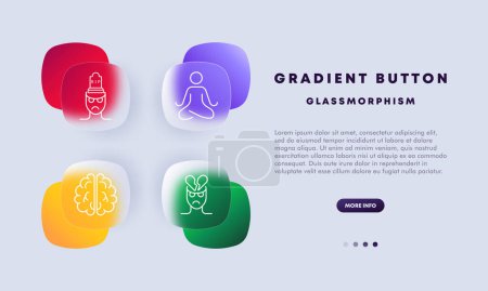 Illustration for Mood icon set. Man, health care, angry face, gloomy, grave, meditation, brain, broken heart, gradient button. The concept of controlling your condition. Glassmorphism style - Royalty Free Image