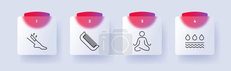 Illustration for Female beauty set icon. Female legs, silhouette, meditation, liquid, skin, ruler, beauty, numbering. Self care concept. Glassmorphism style - Royalty Free Image