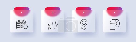 Illustration for Sex set icon. Women's gender, toilet paper, lightning, women's hips, periods, calendar, blood, numbering. Glassmorphism style - Royalty Free Image