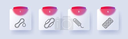 Téléchargez les illustrations : L'icône du set de sexe. Tampon, tampon, sang, paquet de pilules, contraceptifs, design plat, numérotation. Style glassmorphisme - en licence libre de droit