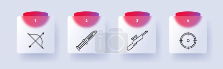 Illustration for Weapon set icon. Sniper rifle, scope, bolt gun, numbering, knife, handle, bow, string, arrow, crosshair. Concept of hunting and hunting equipment. Glasmorphism style - Royalty Free Image