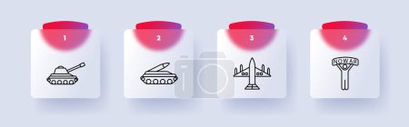 Illustration for Military equipment set icon. Tank, tracks, artillery, rocket, heavy equipment, warhead, airplane, bomber, modern technology, numbering. The concept is no to war. Glasmorphism style - Royalty Free Image