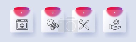 Illustration for Setting icon set. Gear, website, tuning, hand, proposal, mechanism, configuration, screwdriver, wrench, tools, numbering, adjustment, optimization. Glassmorphism style - Royalty Free Image