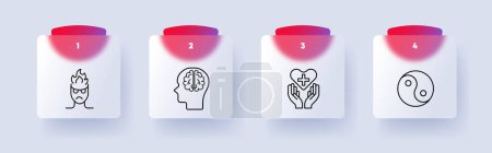 Mood icon set. Man, silhouette, fire, anger, aggression, brain, hands, proposal, heart, cross, health care, yin yang, numbering. Controlling your condition concept. Glassmorphism style