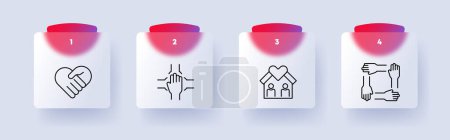 Illustration for Icon set command. Heart, hand, palm, silhouette, teamwork, square, figure, house, people, relationships, communication, numbering. All for one and one for all concept. Glassmorphism style - Royalty Free Image