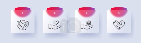 Illustration for Charity icon set. Hands, gesture, silhouette, gift, offer, heart, money, helping those in need, numbering. All for one and one for all concept. Glassmorphism style - Royalty Free Image