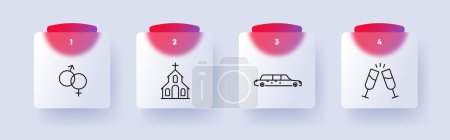 Illustration for Wedding icon set. Sex, man, woman, gender, church, God's abode, limousine, holiday, celebration, alcohol, glasses, numbering. Concept of starting a relationship. Glassmorphism style - Royalty Free Image