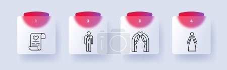 Illustration for Wedding icon set. Document, man, woman, wedding suit and dress, wine, heart, love, uniting oneself by marriage, numbering. Concept of starting a relationship. Glassmorphism style - Royalty Free Image