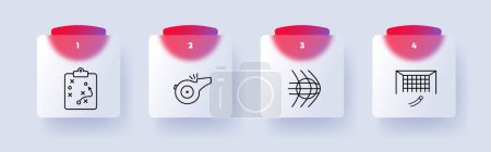 Illustration for Sports set icon. Soccer ball, sports equipment and supplies, whistle, goal, net, whistle, plan, strategy, goal, hit, numbering, flat style Healthy lifestyle concept. Glassmorphism style - Royalty Free Image