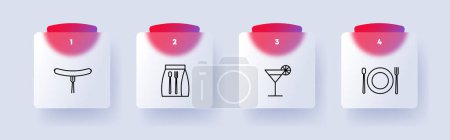 Illustration for Food set icon. Sausage, fork, glass, drink, tube, cocktail, lemon, lime, packed lunch, spoon, fork, kitchen utensils, numbering, flat style Culinary dishes concept. Glassmorphism style - Royalty Free Image