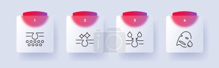 Illustration for Skin care icon set. Cream, liquid, protection from sun rays and water, face, mask, natural product, HO2, flat design, nourishing liquid, numbering. Health care concept. Glassmorphism style - Royalty Free Image