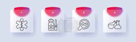 Illustration for Medical equipped icon set. Ointment, jar, equipment, magnifying glass, liquid, flask, cross, snake, symbol, sign, flat design, anatomical structures. Medical research concept. Glassmorphism style - Royalty Free Image