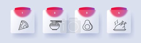Illustration for Food set icon. Pizza, ramen, noodles, egg, white, yolk, natural product, fast food, unhealthy, healthy and fatty food, chicken, numbering, yolk, white, delicacies, unusual food. Glassmorphism style - Royalty Free Image