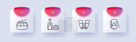 Illustration for Travel set icon. Funicular, cable, cabin, fork, pointer, sign, binoculars, lens, numbering, stove, firewood, hobby, rest. Tourism and wandering concept. Glassmorphism style - Royalty Free Image