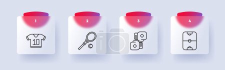 Illustration for Useful hobby set icon. T shirt, number 10, tennis racket and ball, boxing gloves, air hockey, health care, outdoor activities, sports, numbering. Healthy lifestyle concept. Glassmorphism style - Royalty Free Image