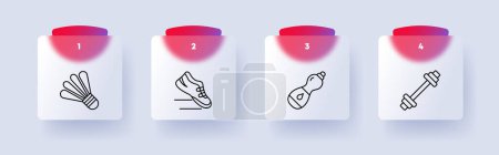 Illustration for Useful hobby set icon. Shuttlecock, sports equipment, sneakers, running, water, maintaining hydration, heavy weight, barbell, health care, numbering. Healthy lifestyle concept. Glassmorphism style - Royalty Free Image