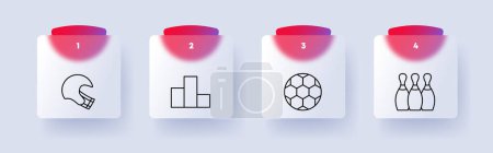 Illustration for Useful hobby set icon. Sports equipment, American football, rugby, podium, first place, prize, soccer ball, skittles, bowling, health care, numbering. Healthy lifestyle concept. Glassmorphism style - Royalty Free Image