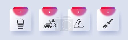 Illustration for Construction set icon. Repair supplies, equipment, numbering, bucket, heavy equipment, tracks, crane, danger sign, exclamation mark, screwdriver. Construction equipment concept. Glassmorphism style - Royalty Free Image
