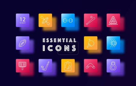 Illustration for Sports set icon. American football, stand, scoreboard, plan, baseball, boomerang, hockey, kettlebell, gradient, active recreation, healthy lifestyle Sports disciplines concept. Glassmorphism style - Royalty Free Image
