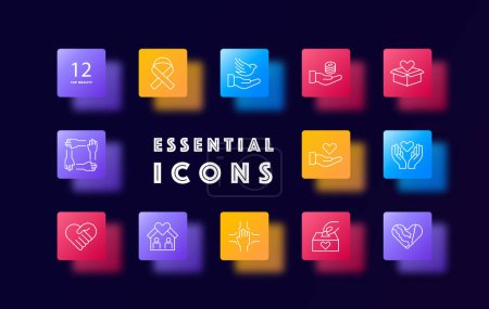 Illustration for Donations icon set. Ribbon, fight cancer, hands, heart, offer, box, support, gradient, house, teamwork, bird, money, support. The concept of good nature and helping others. Glassmorphism style - Royalty Free Image