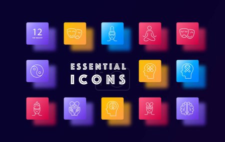 Mood icon set. Theater masks, smile, anger, yin yang, man, brain, fire, meditation, silhouette, sentiment care, patch, restoration, gradient. Controlling your condition concept. Glassmorphism style