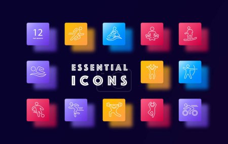 Illustration for Useful hobby set icon. Archery, swimming, lifting weights, meditation, dancing, cycling, running, health care, outdoor activities, sports, gradient. Healthy lifestyle concept. Glassmorphism style - Royalty Free Image