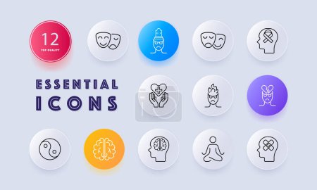 Mood icon set. Theater masks, smile, anger, yin yang, man, brain, fire, meditation, silhouette, sentiment care, patch, restoration, gradient. Controlling your condition concept. Neomorphism style