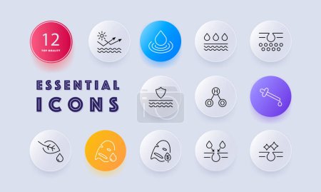 Illustration for Skin care icon set. HO2, hydroperoxyl, leaf, drops, liquid, mask, natural products, skin protection, gradient, cream, oil, silhouette, gradient. Health care concept. Neomorphism style - Royalty Free Image