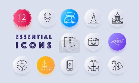 Illustration for Travel set icon. Sights, geolocation, castle, pyramids, sun, tourism, Eiffel Tower, map, location, culture, yacht, plane, camera, search, phone, car, recreation, entertainment. Neomorphism style - Royalty Free Image