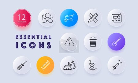 Illustration for Construction set icon. Equipment, numbering, fan, heavy equipment, shovel, nails, pencil, ruler, warning sign, screwdriver, wrench. Construction equipment concept. Neomorphism style - Royalty Free Image