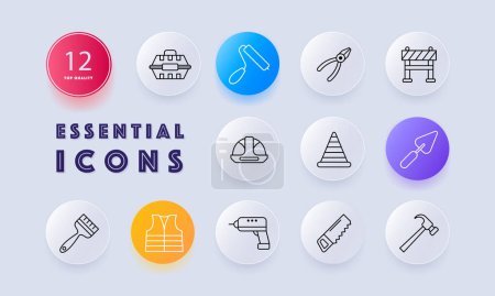 Illustration for Construction set icon. Repair supplies, equipment, saw, roller, pliers, brush, cone. fence, helmet, drill, spatula, windbreaker, jacket, uniform, hammer. Neomorphism style - Royalty Free Image
