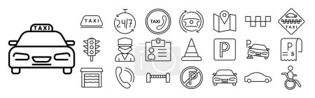 Illustration for Taxi icon set. ID card, passport, data, face photo, silhouette, taxi driver, uniform, hat, 24 hour work, parking, cone, stop, fence, P, taxi, car. Transportation service concept - Royalty Free Image
