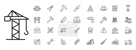 Illustration for Construction set icon. Crane, pliers, shovel, spatula, roller, cone, helmet, window, chipper, fence, hammer, saw, drill, brush, ladder, screws, pencil, ruler. Building concept. - Royalty Free Image