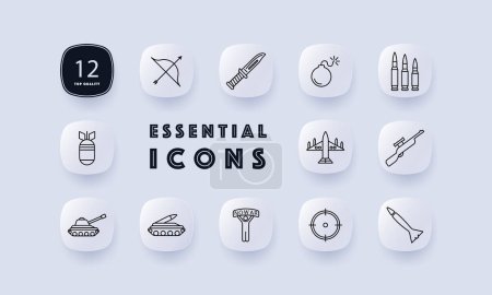 Illustration for Weapon set icon. Tank, man, banner, no war, artillery, plane, bomber, military equipment, bow, rifle, knife, rocket. Third world countries and military operations in them concept. Neomorphism style. - Royalty Free Image