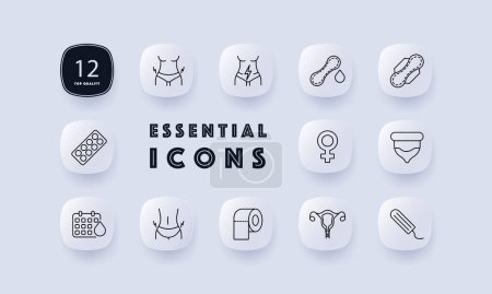 Illustration for Menstruation set icon. Condom, tampon, pad, pack of female gender pills, calendar, blood, lightning, female reproductive organ, toilet paper. Self care concept. Neomorphism style. - Royalty Free Image