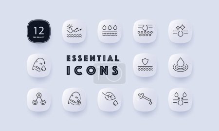 Illustration for Skin care icon set. HO2, hydroperoxyl, leaf, drops, liquid, mask, natural products, skin protection, gradient, cream, oil, silhouette, gradient. Health care concept. Neomorphism style. - Royalty Free Image