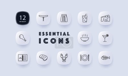 Illustration for Food set icon. Glass, alcohol, hot dish, steak, skeleton, fish, cheese with holes, chicken, bone, spoon, fork, gradient, menu, cocktail, packed lunch. Culinary dishes concept. Neomorphism style. - Royalty Free Image