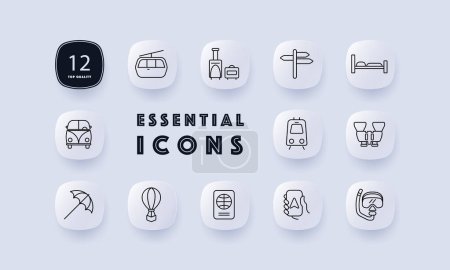 Illustration for Travel set icon. Umbrella, navigation, maps, hot air balloon, train, cable car, diving, bed, telephone, stove, pointer, hobby, recreation. Tourism and wandering concept. Neomorphism style. - Royalty Free Image